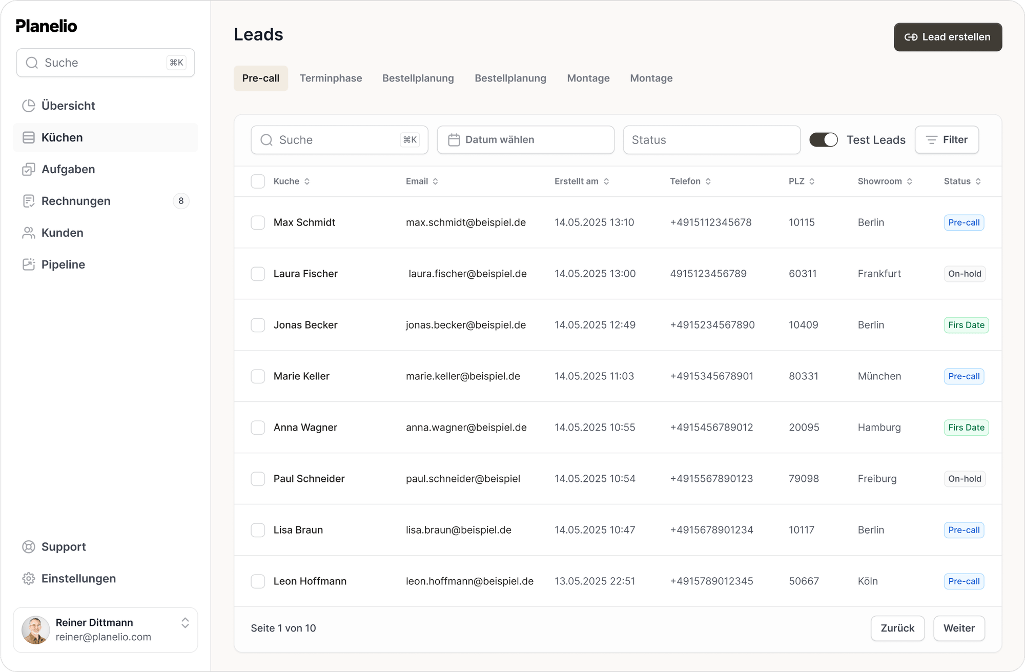 Planelio Lead-Liste Übersicht