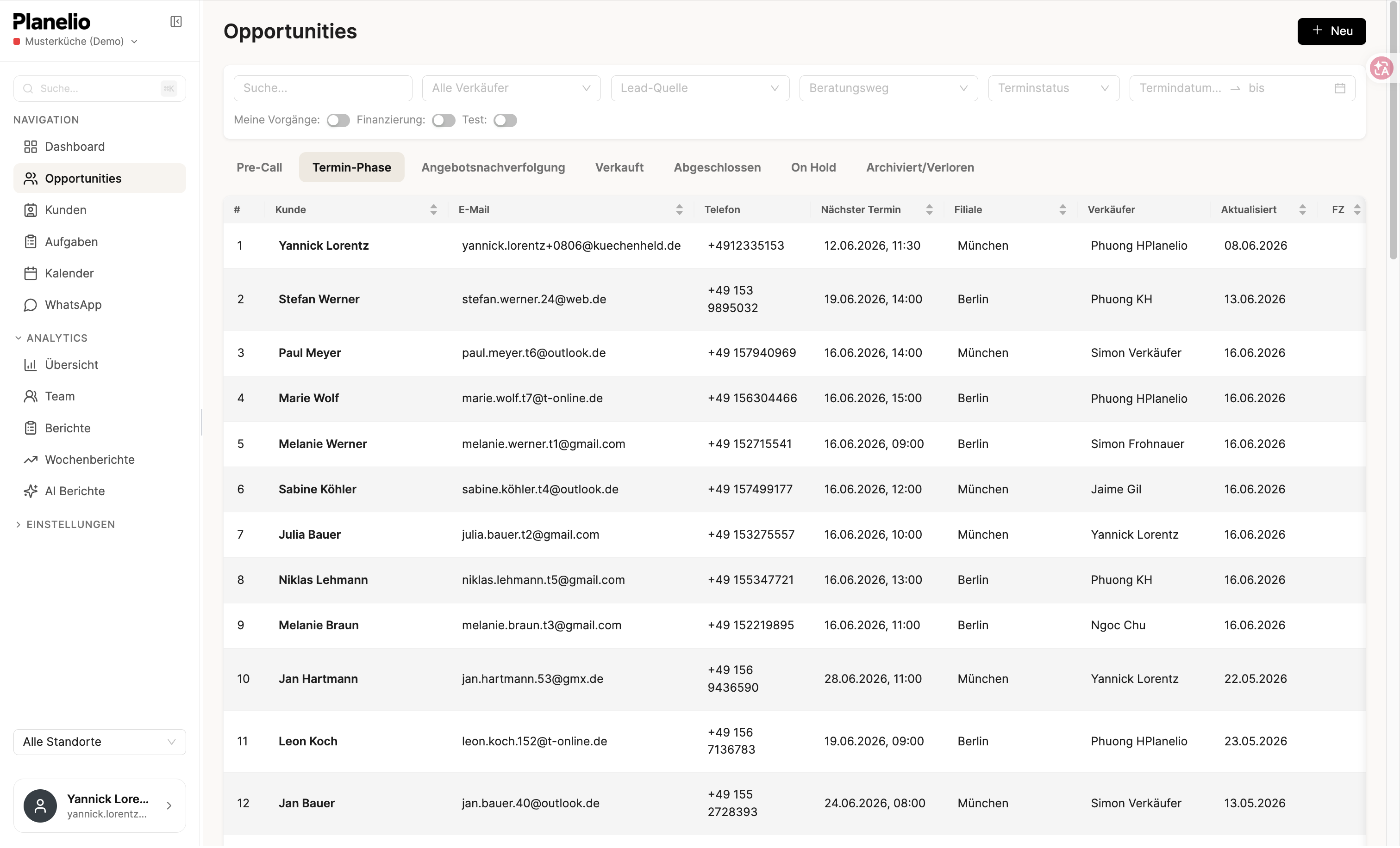 Planelio Lead-Liste Übersicht